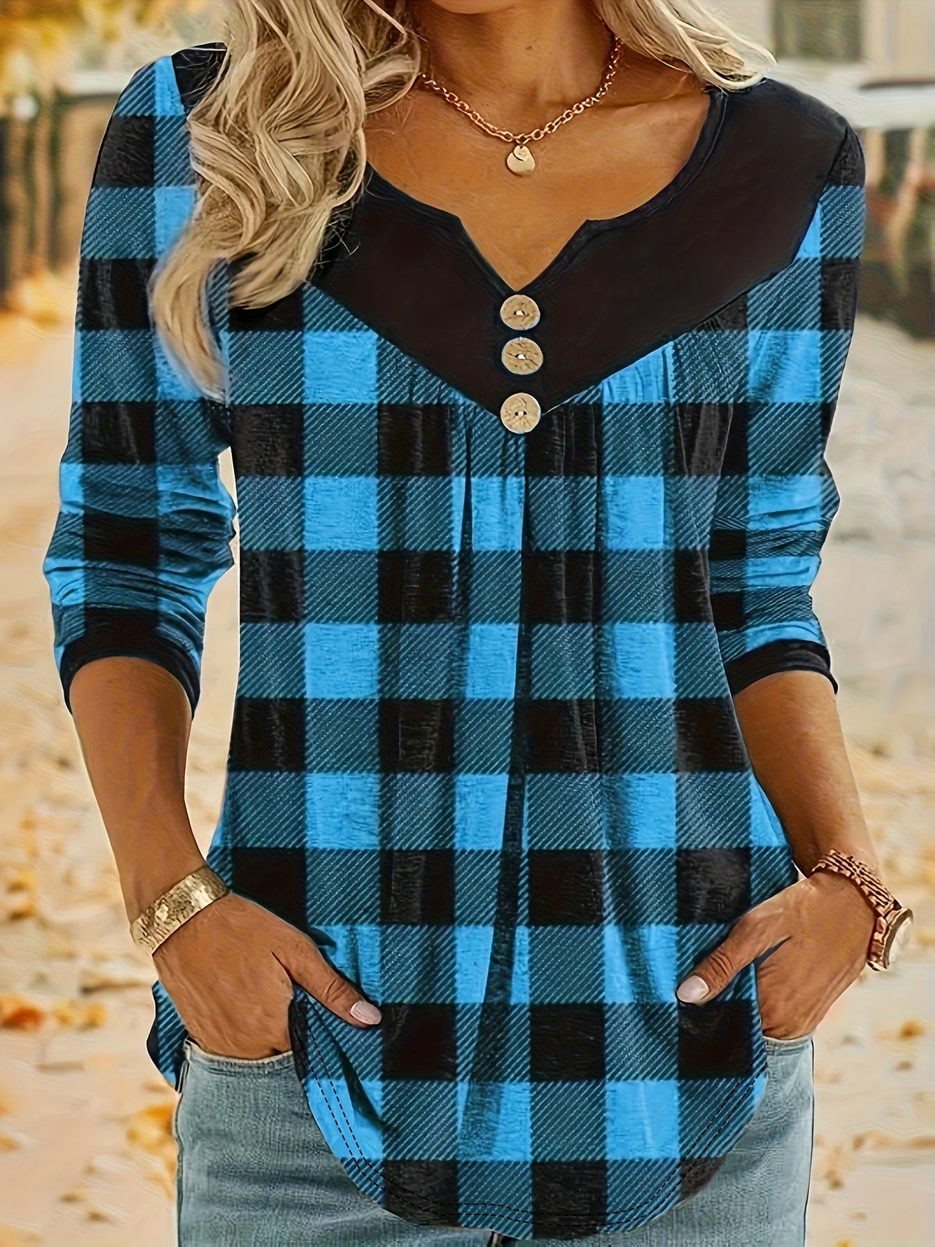 Festive Black & White Plaid Print V-Neck T-Shirt for Women - Boho Style with Button Detail, Long Sleeves, Polyester, Machine Washable - Ideal for Fall