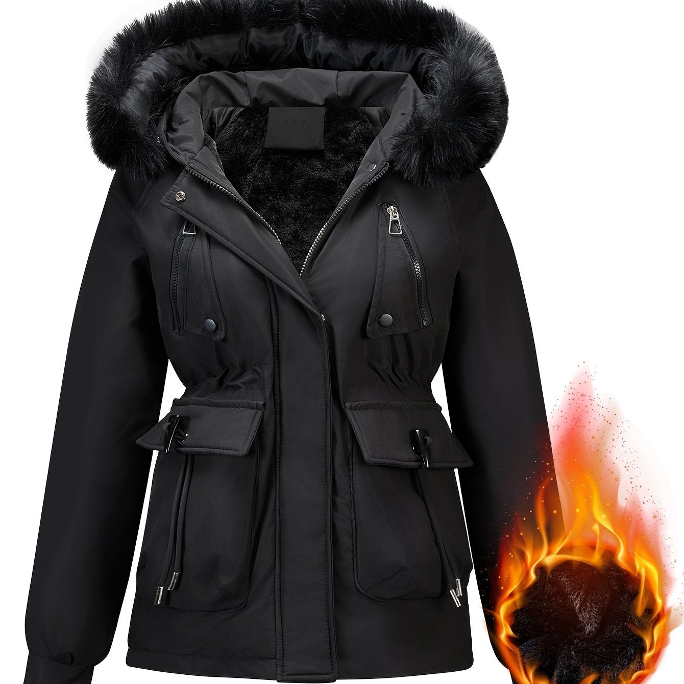 Slim-Fit Winter Jacket, Detachable Faux Fur Hood, Zip Front & Pockets