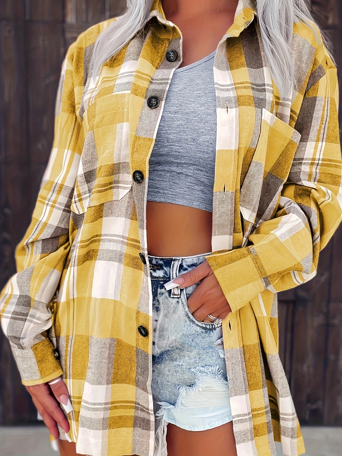 Plaid Print Button-Front Shirt, Casual Long Sleeve, Women's Apparel