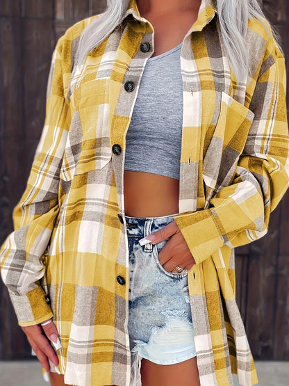 Plaid Print Button-Front Shirt, Casual Long Sleeve, Women's Apparel