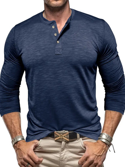 Men's Long Sleeve Henry Collar Bottoming T-shirt Three-Buckle Top