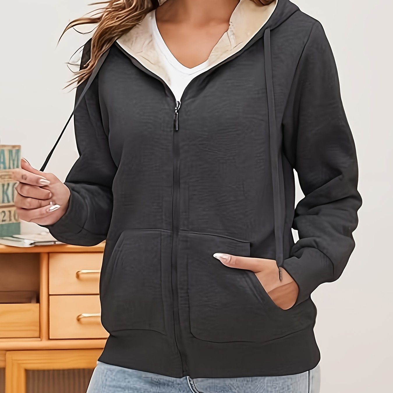 Sherpa Lined Hooded Zip-up Sweatshirt, Warm Fleece Jacket for Women