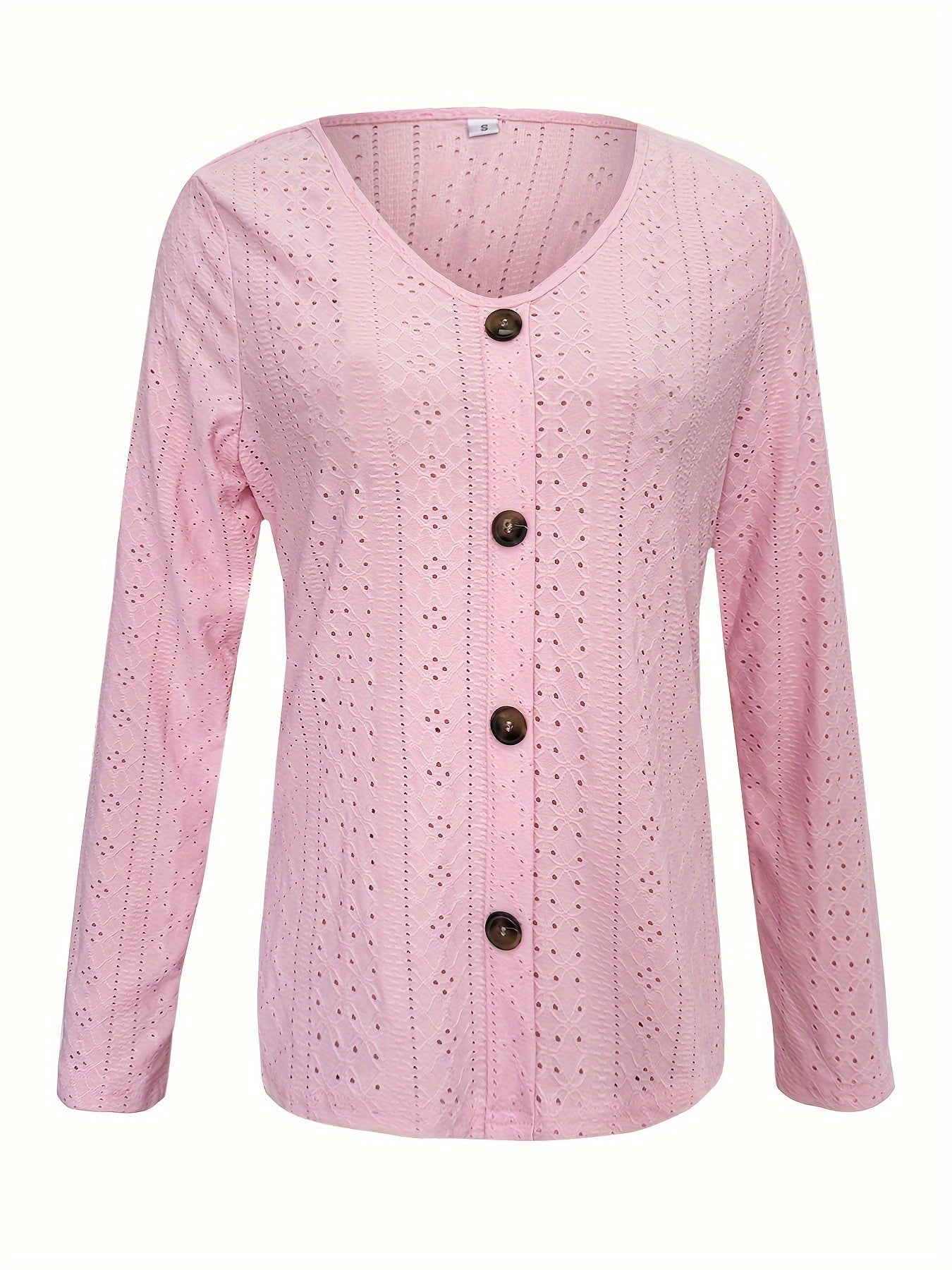 Eyelet Button Front T-Shirt, Casual V-Neck, Long Sleeve for Spring & Fall.