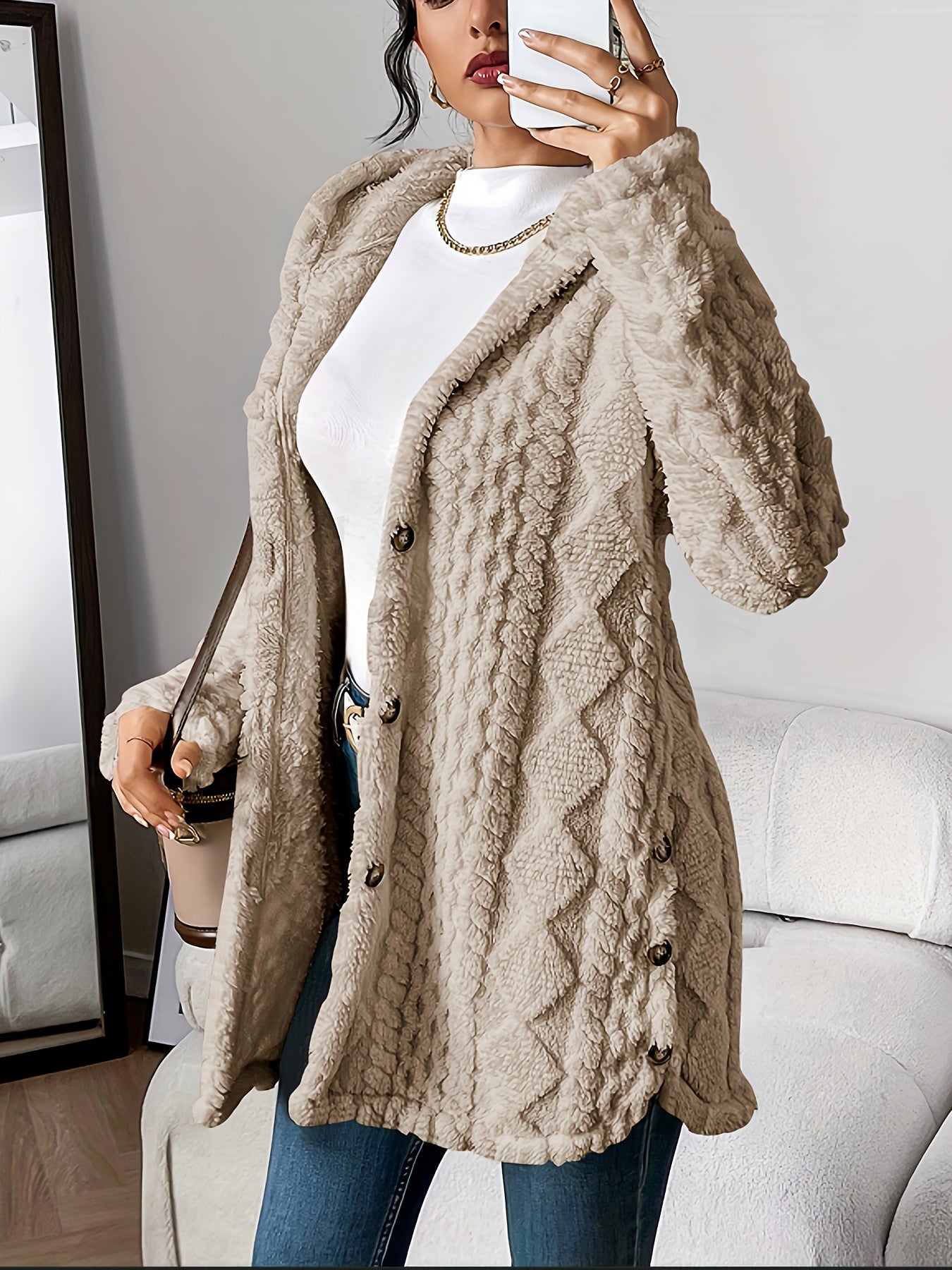 Beige Quilted Faux Fur Hooded Cardigan, Cozy Button Front Outerwear