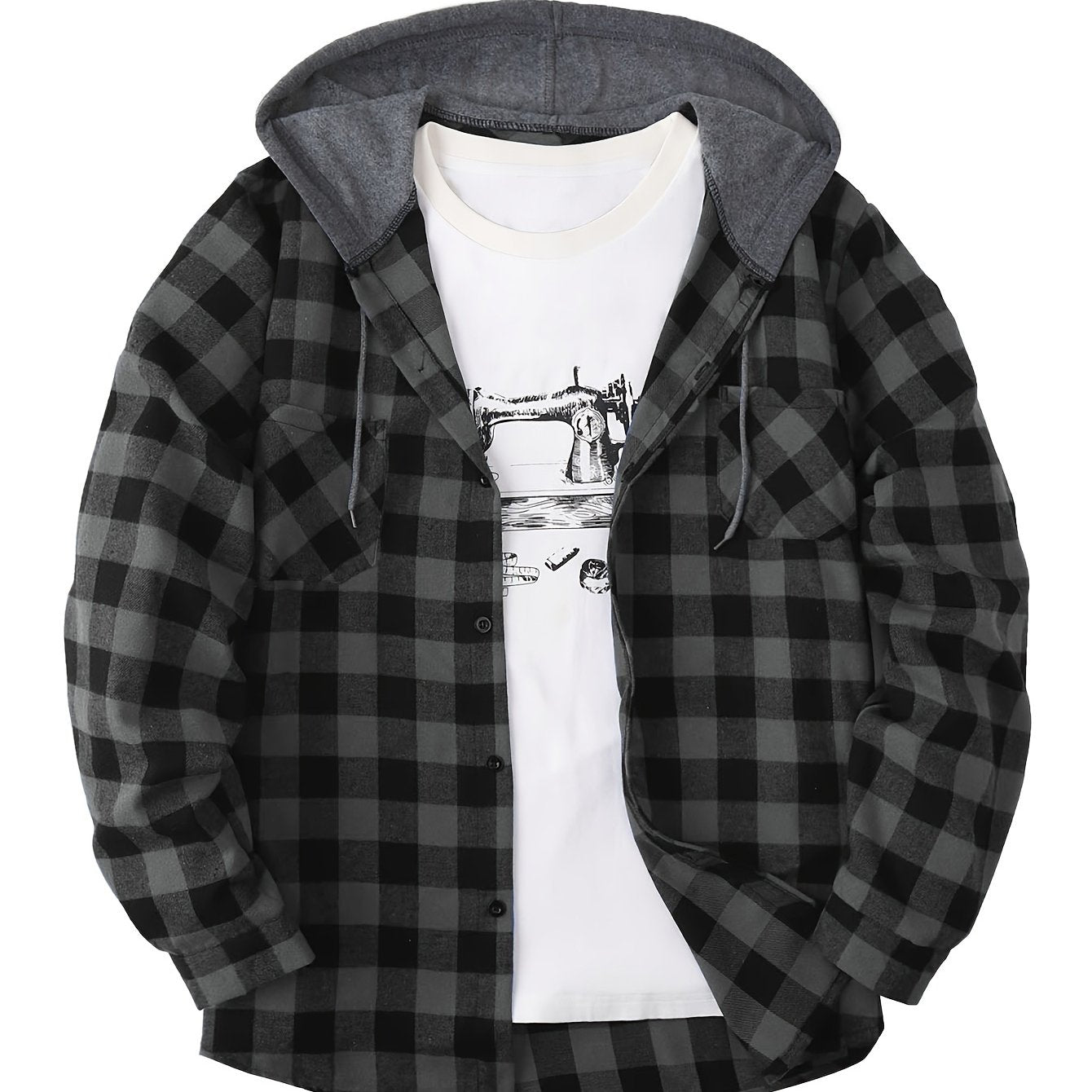 Plaid Shirt Coat For Men Long Sleeve Casual Regular Fit Button Up Hooded Shirts Jacket