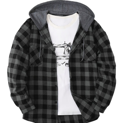 Plaid Shirt Coat For Men Long Sleeve Casual Regular Fit Button Up Hooded Shirts Jacket