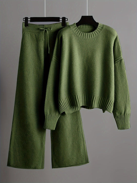 Women's Casual Knit Sweater and Wide-Leg Pants Set, Long Sleeve Round Neck, Solid Color, Polyester - Hand Wash or Dry Clean