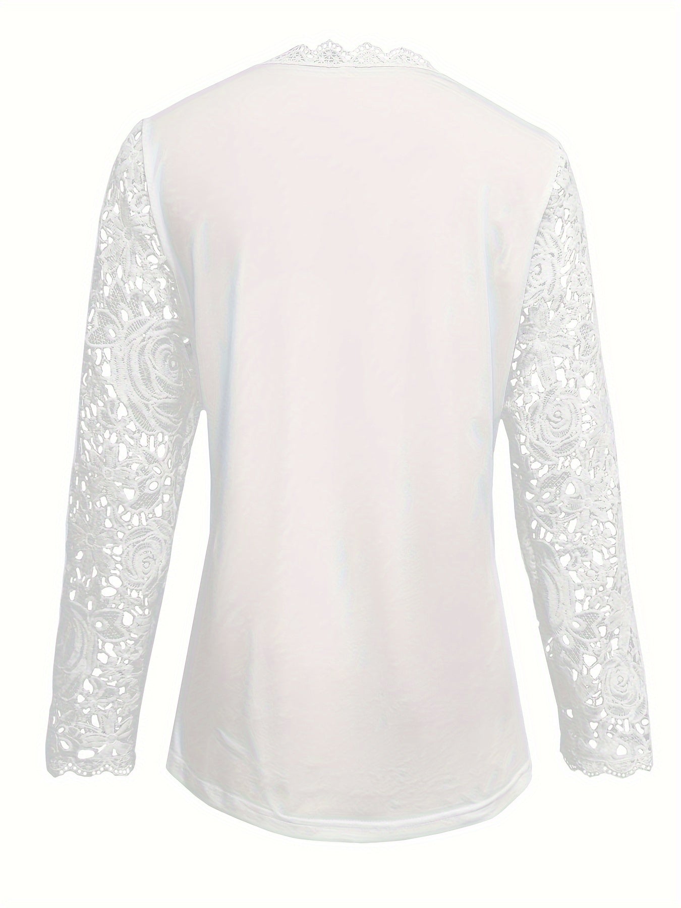 Guipure Lace Scallop Trim T-shirt, Elegant Long Sleeve Top For Spring & Fall, Women's Clothing