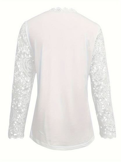 Guipure Lace Scallop Trim T-shirt, Elegant Long Sleeve Top For Spring & Fall, Women's Clothing