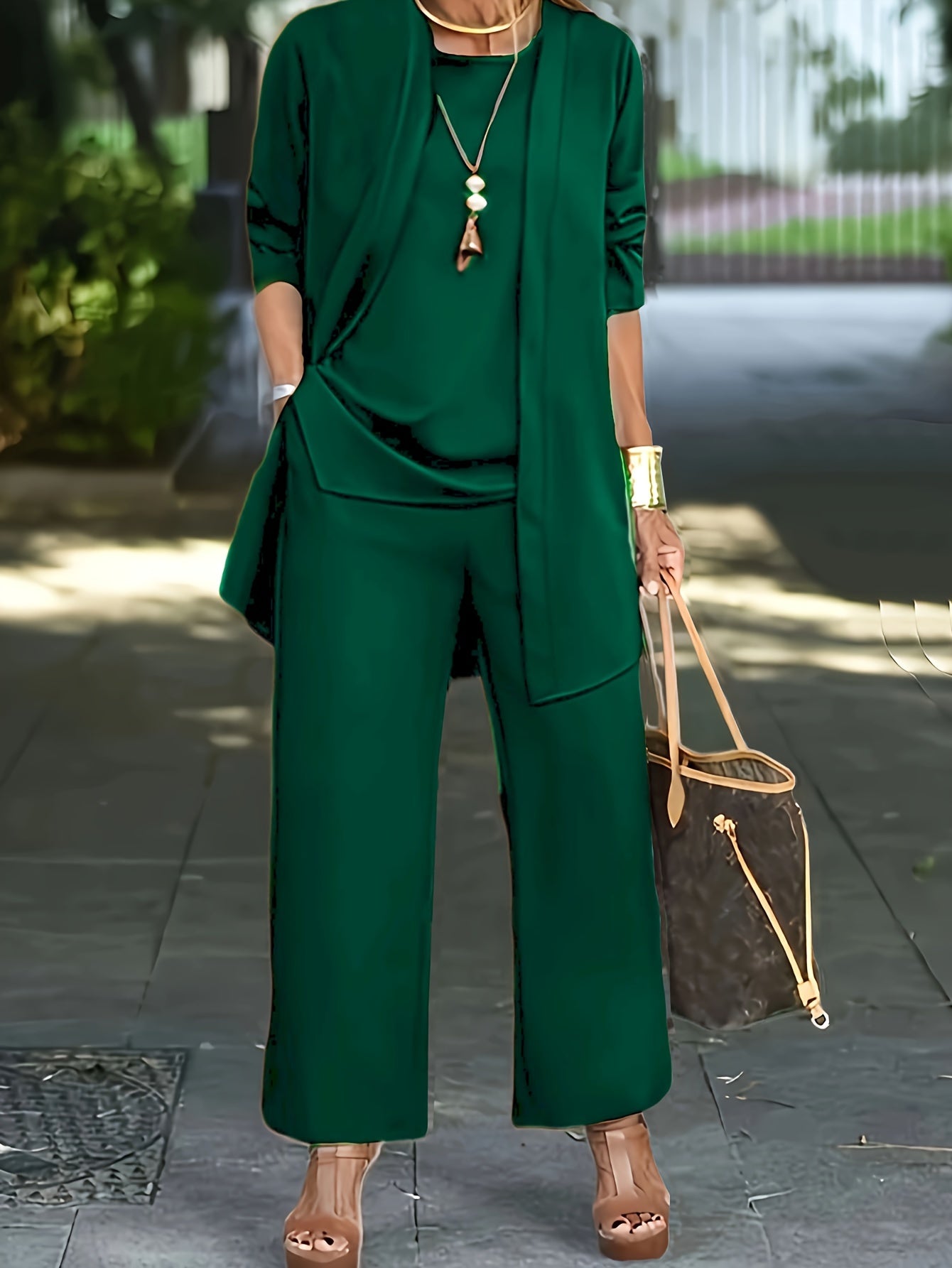 Casual Three-piece Solid Set, Long Sleeve Cardigan & Top & Long Pants Outfits, Women's Clothing