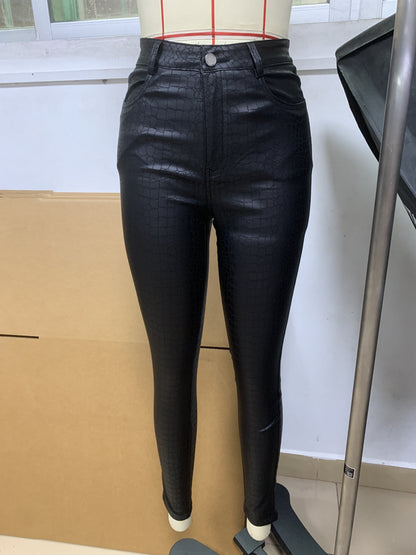 Women's Coated Skinny Jeans, Elegant Style, High-Waist Faux Leather, Stretchy Denim Pants, Fashion Versatile Trousers For Casual And Evening Wear For Fall