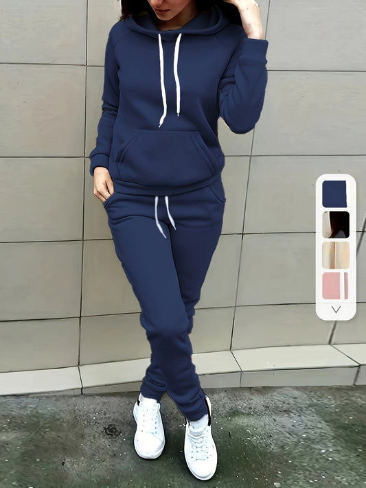 Solid Casual Two-piece Set, Kangaroo Pocket Hoodie & Drawstring Pants Outfits, Women's Clothing