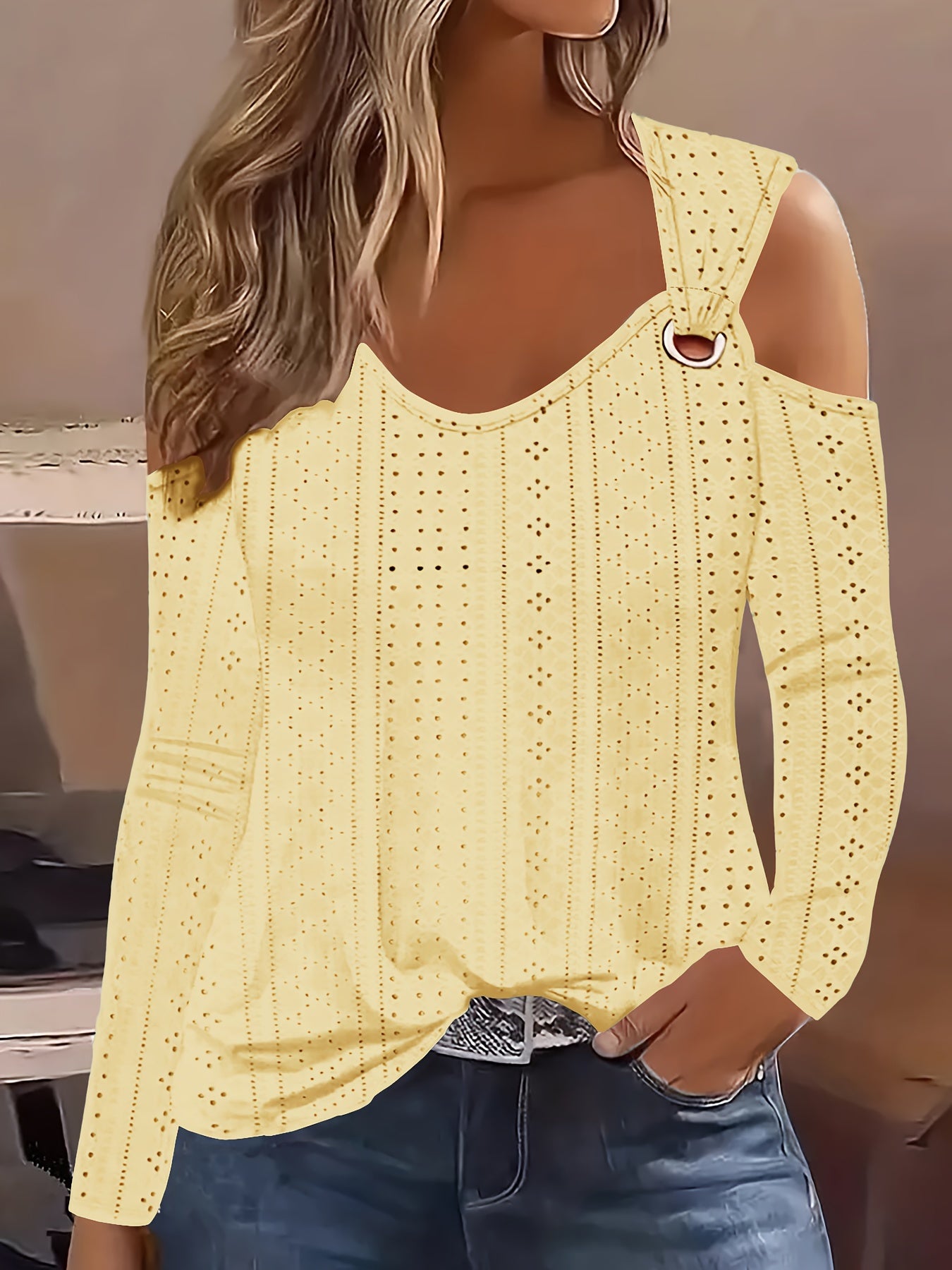 Eyelet Cold Shoulder T-Shirt, Casual Long Sleeve Top for Spring & Fall.