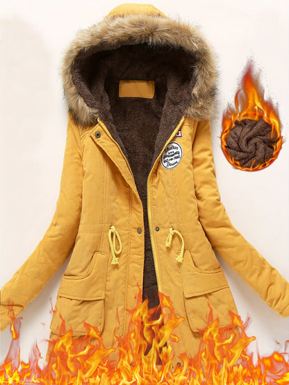 Winter Warmth Hooded Jacket - Thick Fleece-Lined, Zip-Up, Casual Cargo Style with Large Fur Collar, Machine Washable