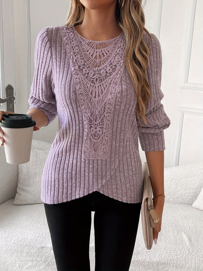 Lace Splicing Crew Neck T-shirt, Long Sleeve Cross Front Top.