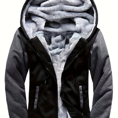 Men's Fleece Hooded Jacket, Casual Color Block Coat for Fall/Winter