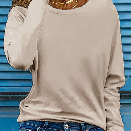 Solid Color T-shirt, Long Sleeve Crew Neck, Casual Top for Fall & Spring.