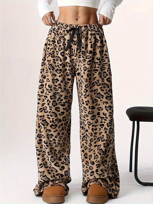 Leopard Print Drawstring Pants, Y2K Fuzzy Teddy Straight Leg Pants For Winter & Fall, Women's Clothing