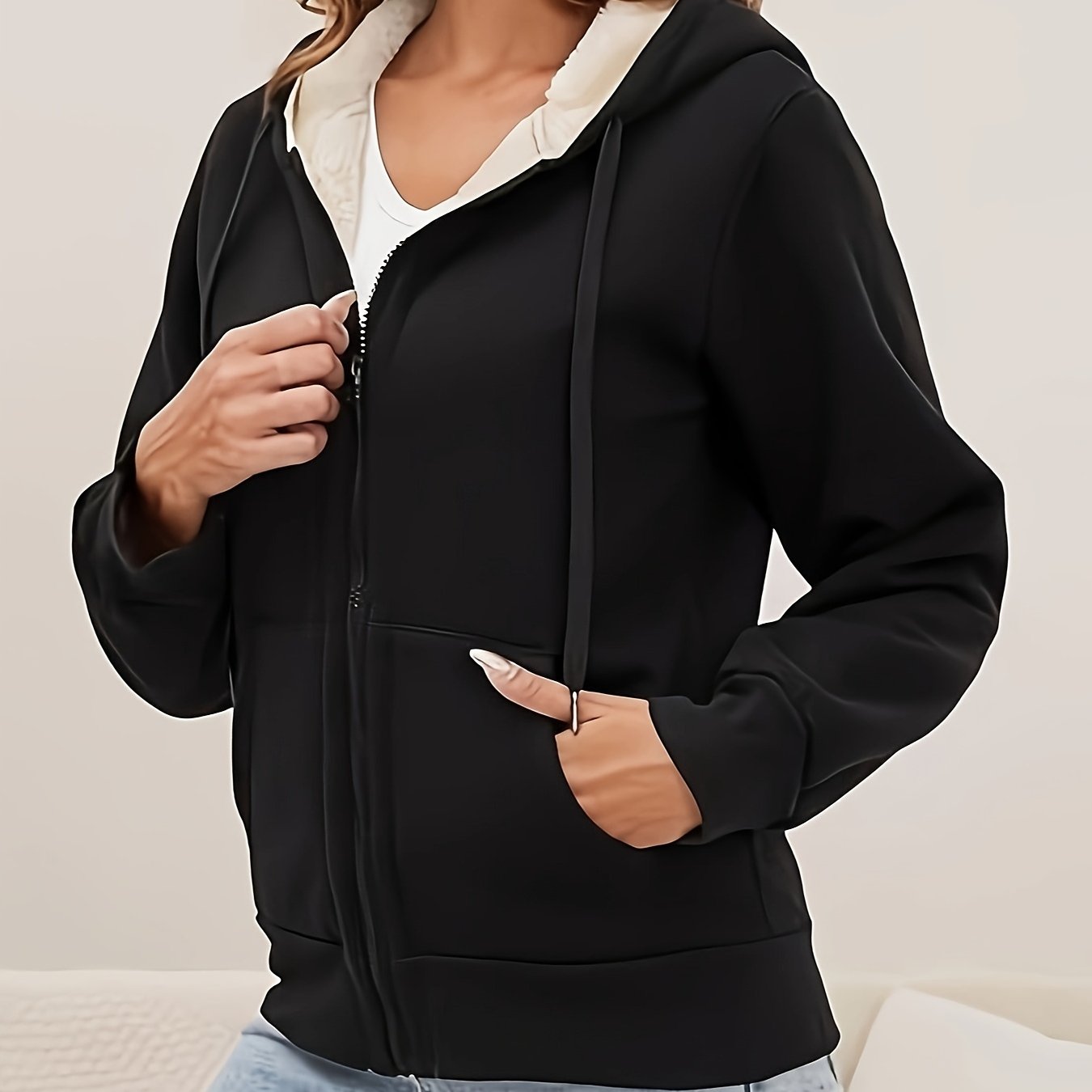 Sherpa Lined Hooded Zip-up Sweatshirt, Warm Fleece Jacket for Women