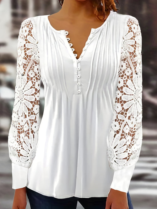 Lace Contrast Pleated Front T-Shirt, Button V-Neck, Casual Long Sleeve Top.