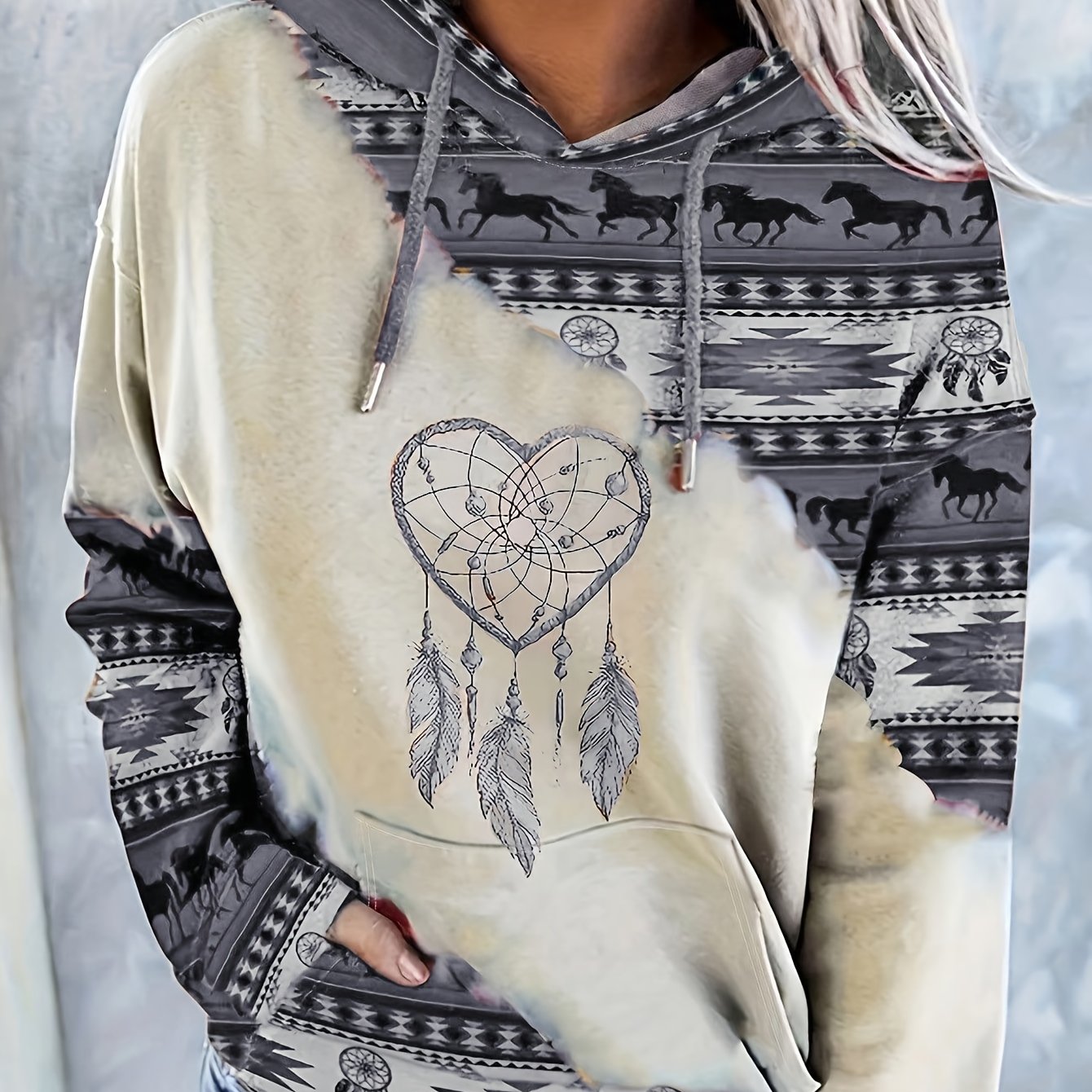 1pc Vintage Bohemian Dreamcatcher Print Women'S Hoodie, Casual Round Neck Pullover with Drawstring, Polyester Knit Fabric, Geometric Pattern, All Seasons