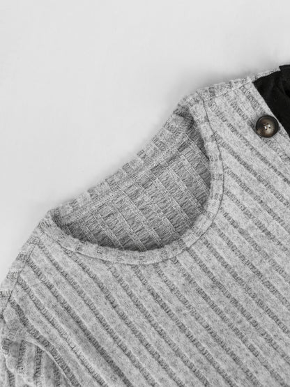 Ribbed Crew Neck T-shirt, Long Sleeve with Button Detail.