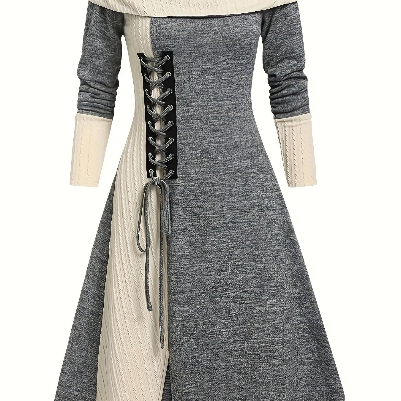 Striped Collar Knit Dress with Lace-up Detail, A-Line Fit.