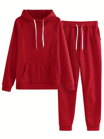 Casual Solid Two-piece Set, Kangaroo Pocket Hoodie & Drawstring Pants Outfits, Women's Clothing