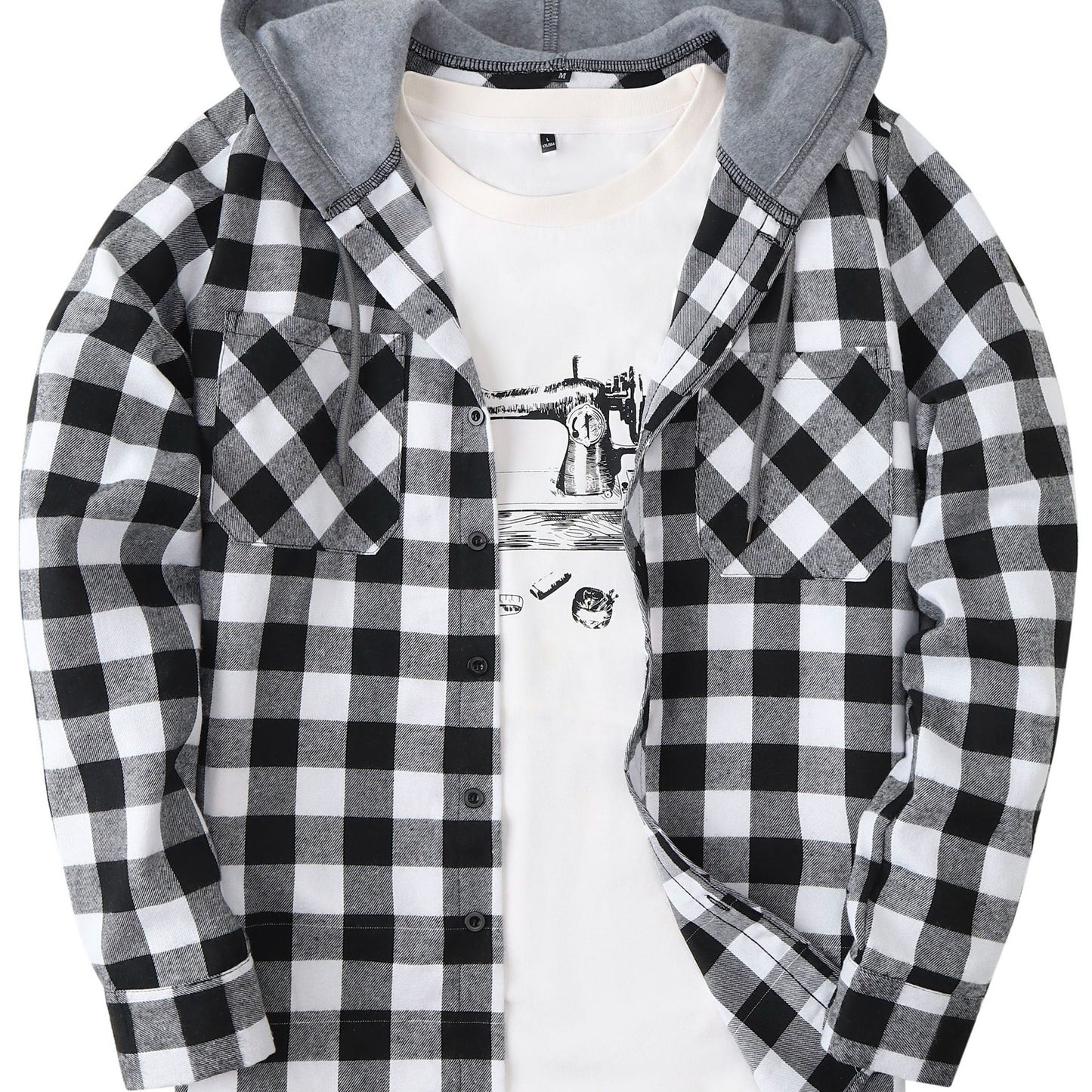 Plaid Shirt Coat For Men Long Sleeve Casual Regular Fit Button Up Hooded Shirts Jacket