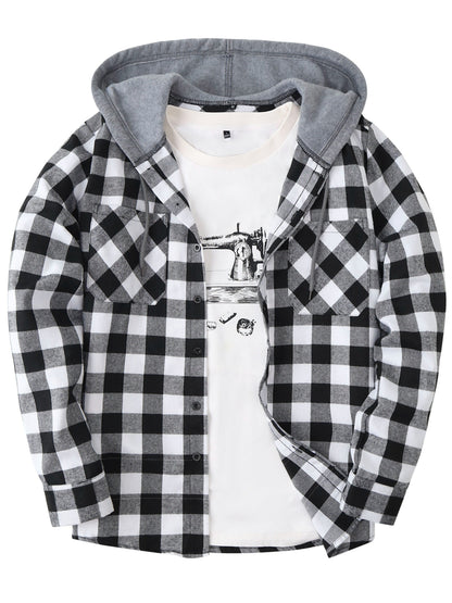 Plaid Shirt Coat For Men Long Sleeve Casual Regular Fit Button Up Hooded Shirts Jacket