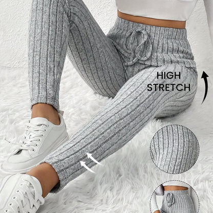 Elegant High-Waist Ribbed Skinny Pants for Women - Stretchy, Slim Fit with Elastic Waistband, Perfect for Fall/Winter