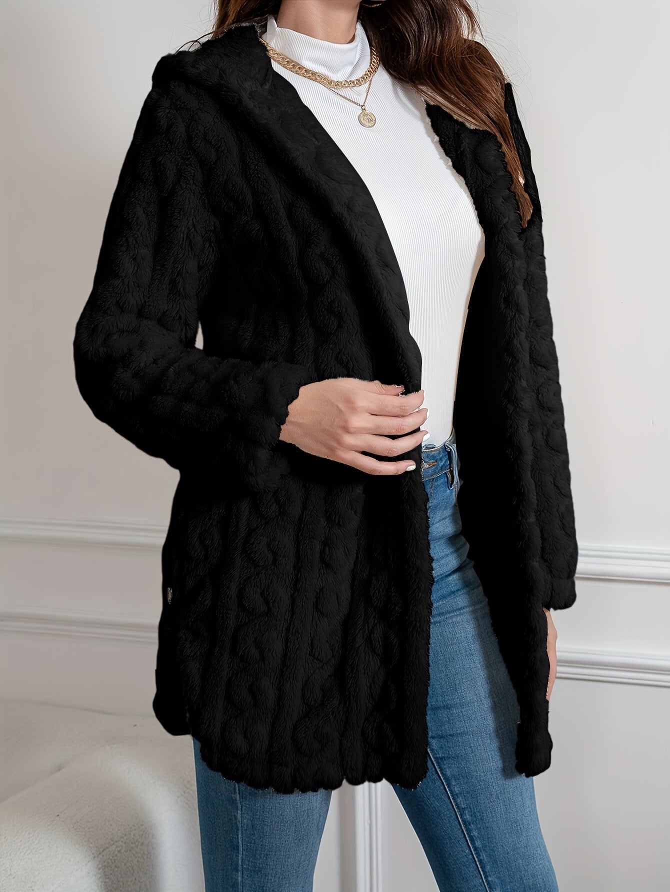 Elegant Knit Fur-Like Coat with Hood and Double Buttons - Adult Size - Spring/Autumn Season - Polyester Fiber Material