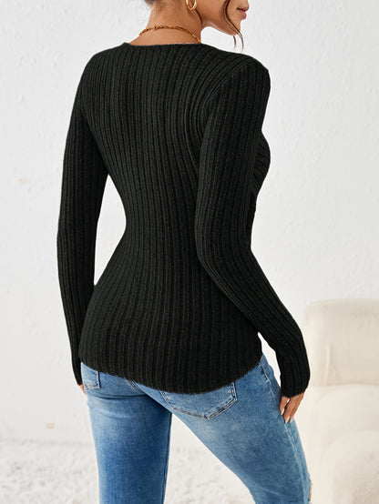 Ruched Ribbed Button T-Shirt, V-Neck Long Sleeve for Spring & Fall.