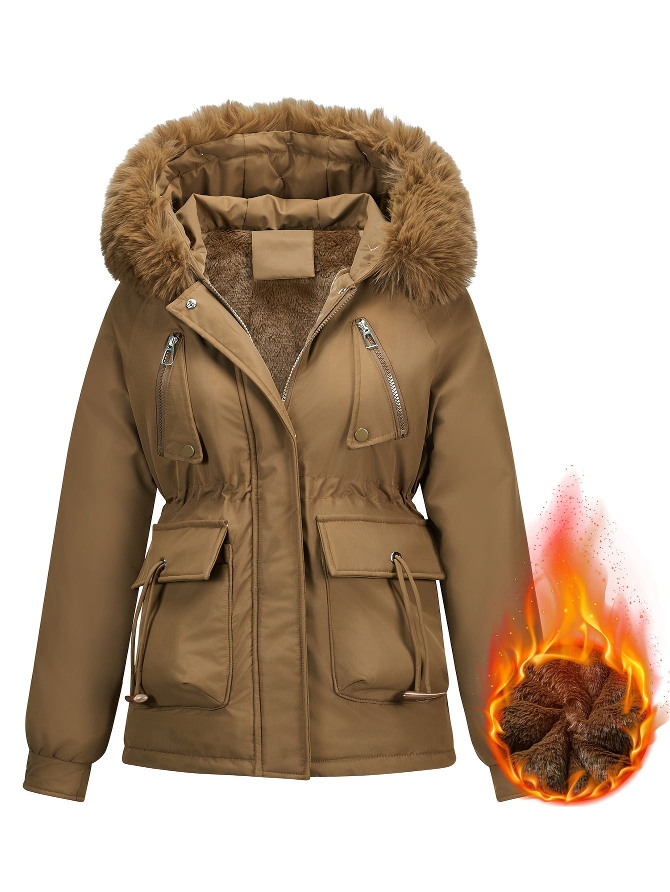 Slim-Fit Winter Jacket, Detachable Faux Fur Hood, Zip Front & Pockets