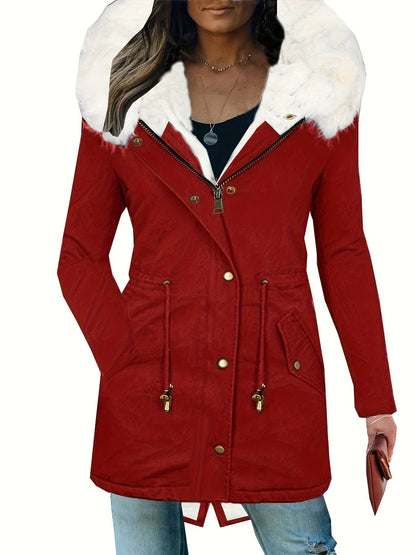 Fleece Drawstring Hoodie Coat, Zip Up Winter Outerwear