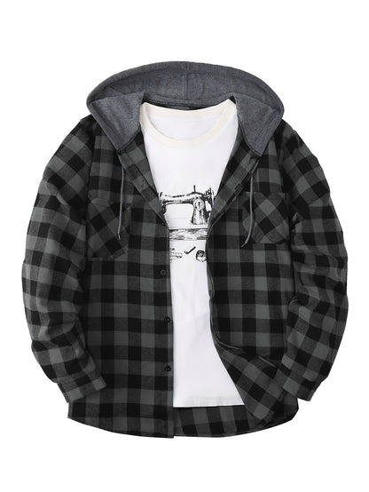 Plaid Shirt Coat For Men Long Sleeve Casual Regular Fit Button Up Hooded Shirts Jacket