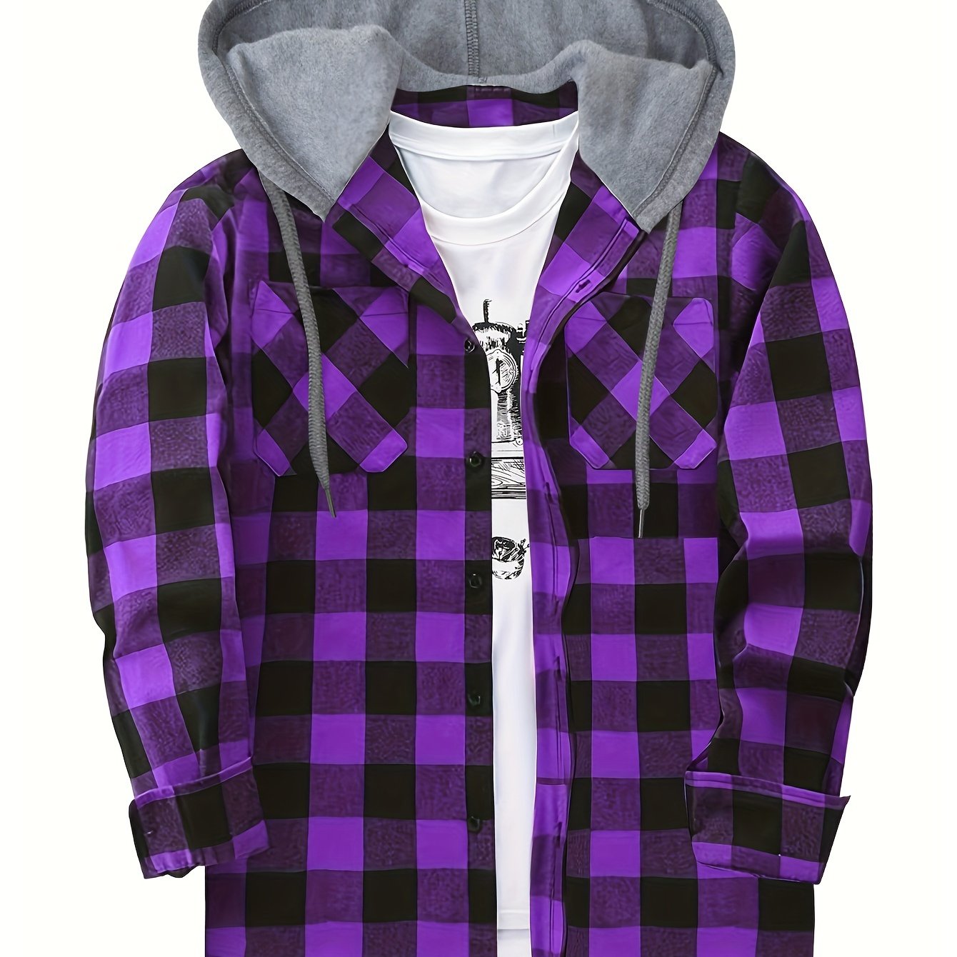 Plaid Shirt Coat For Men Long Sleeve Casual Regular Fit Button Up Hooded Shirts Jacket