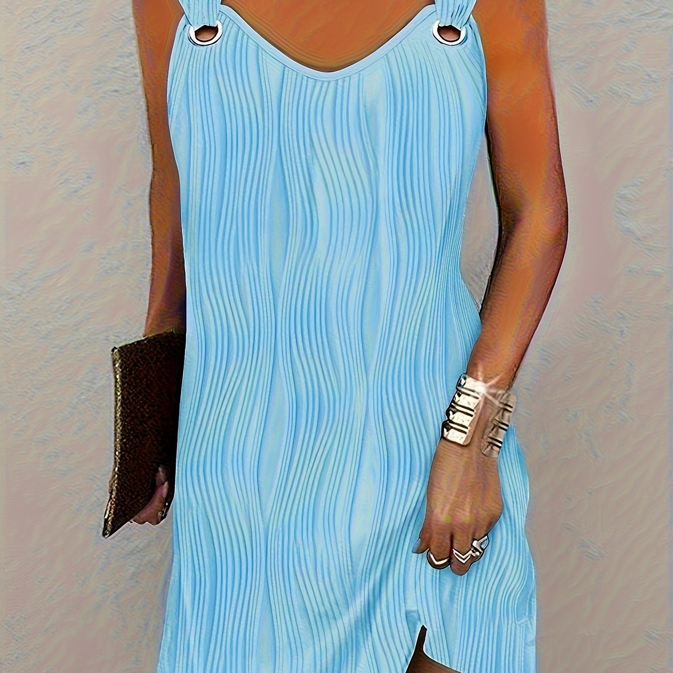 Wavy Stripe Solid Dress, Casual V Neck Sleeveless Mini Dress, Women's Clothing