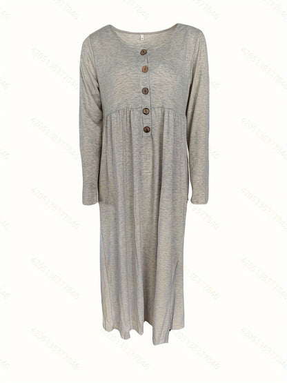 Button Front Midi Dress, Long Sleeve with Pockets & Ruffle Hem.