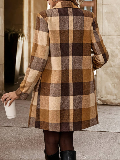 Plaid Double-breasted Longline Coat, Elegant Fall & Winter Outerwear