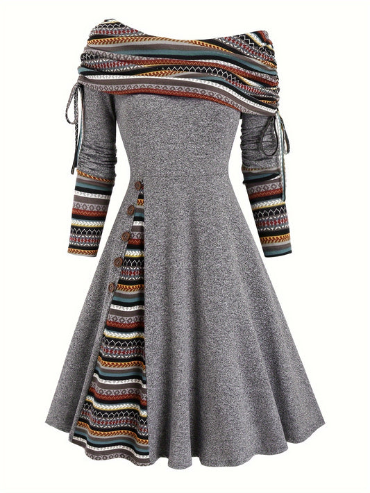 Ethnic Striped Off-Shoulder Dress with Drawstring.