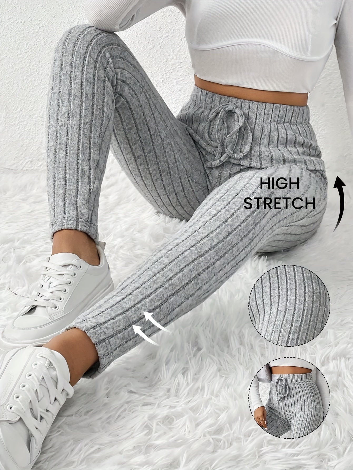 Elegant High-Waist Ribbed Skinny Pants for Women - Stretchy, Slim Fit with Elastic Waistband, Perfect for Fall/Winter