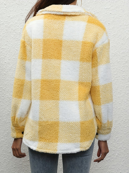 Plaid Fuzzy Coat, Button Front, Long Sleeve, Warm Fall/Winter Outerwear