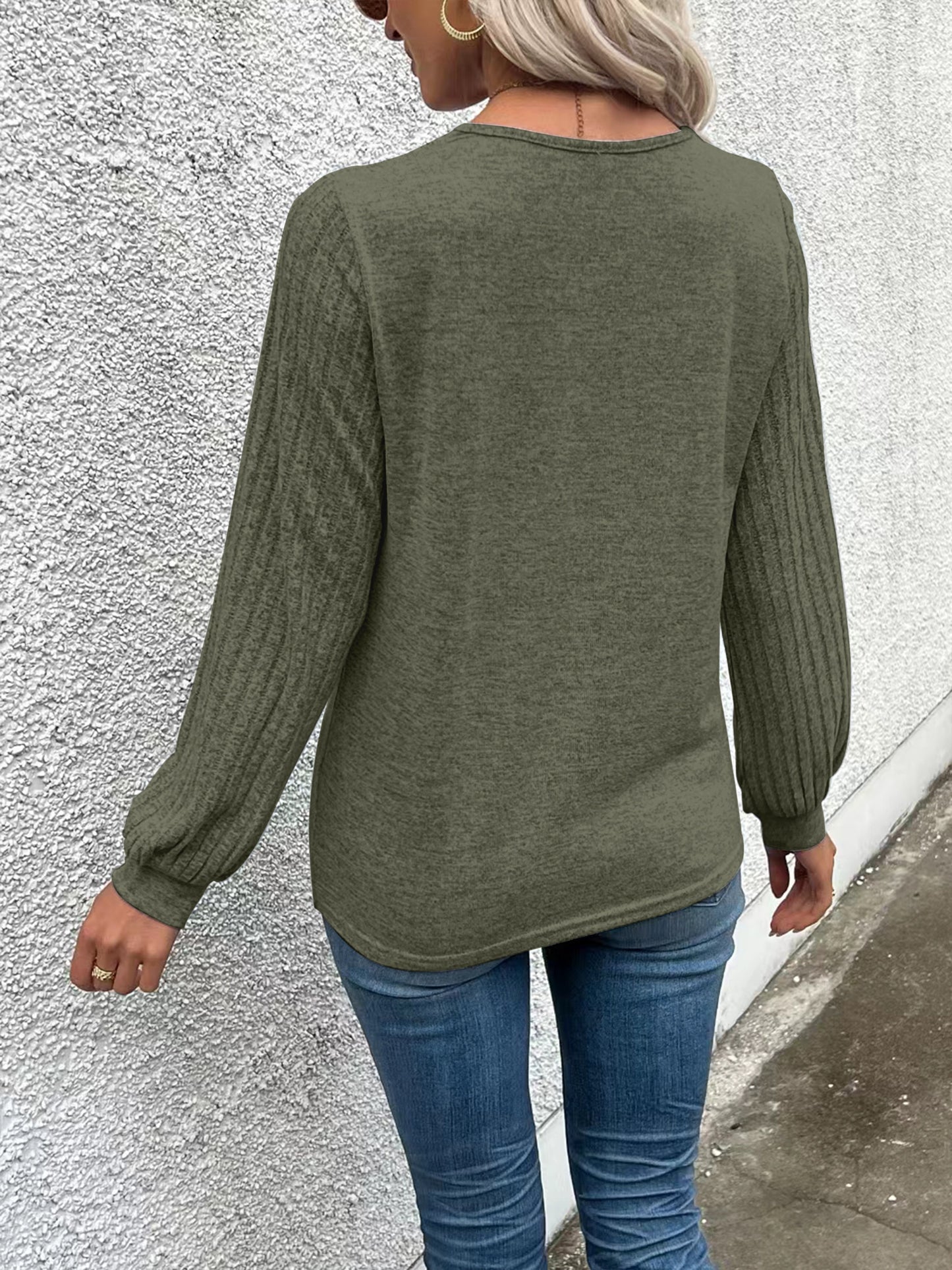 Solid Ribbed V-Neck Long Sleeve T-Shirt, Elegant and Comfortable.