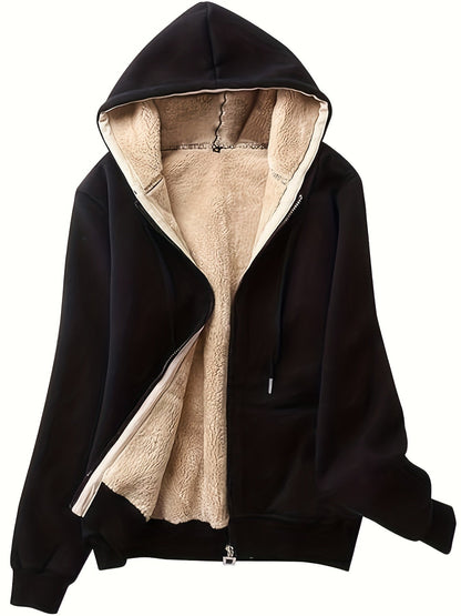 Sherpa Lined Hooded Zip-up Sweatshirt, Warm Fleece Jacket for Women