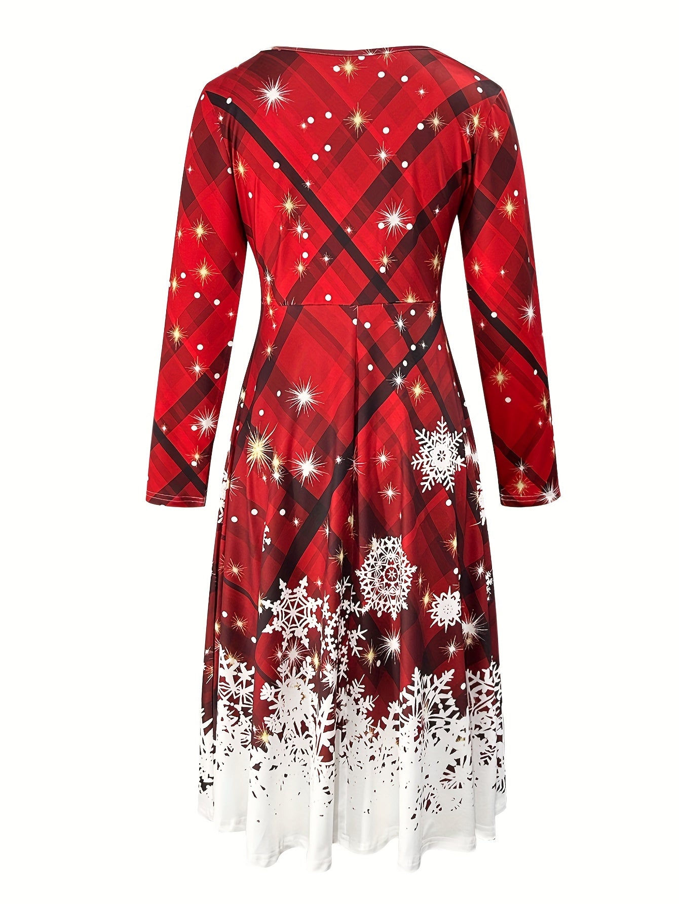 Christmas Print Long Sleeve Midi Dress, Crew Neck for Fall & Winter.