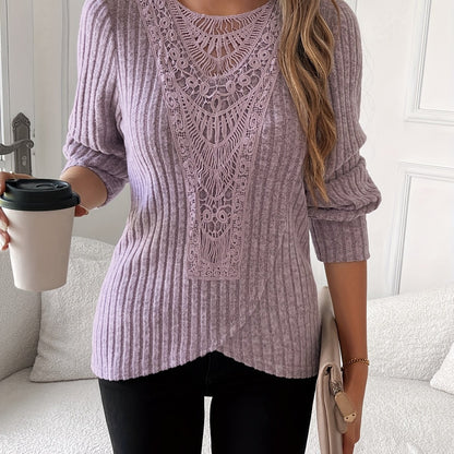 Lace Splicing Crew Neck T-shirt, Long Sleeve Cross Front Top.