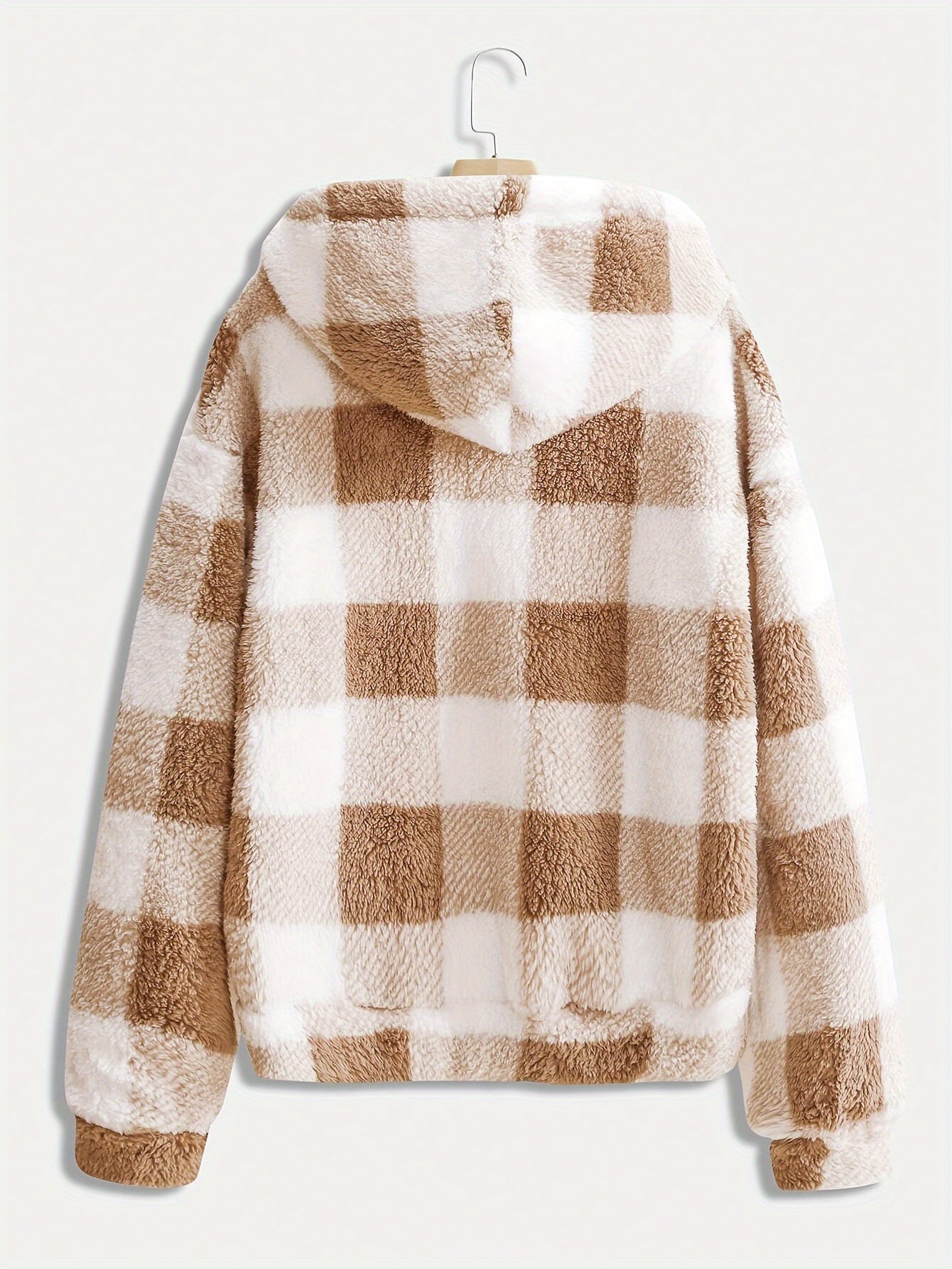 Women'S Casual Plaid Zippered Hooded Coat, 95% Polyester 5% Elastane, Knit Fabric, Fall/Winter Fashion Outerwear