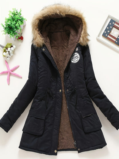 Winter Warmth Hooded Jacket - Thick Fleece-Lined, Zip-Up, Casual Cargo Style with Large Fur Collar, Machine Washable