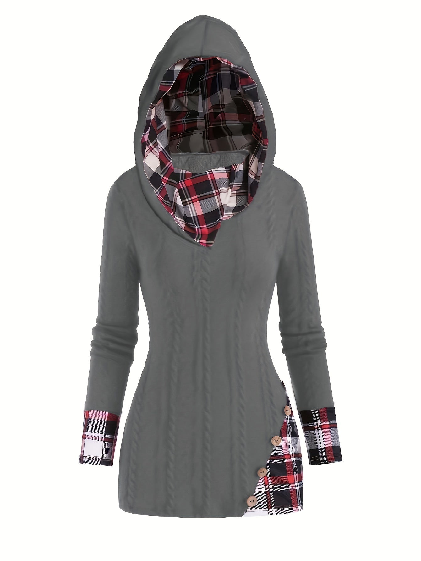 Plaid Cable Knit Hooded Sweater, Button Detail, Casual Long Sleeve